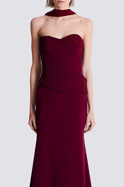 Bordo Işıltı Detaylı Abiye Elbise